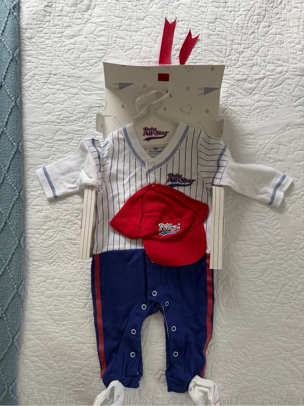 Baby All-Star Baseball One-Piece with Red Cap & Socks - White/Blue/Red